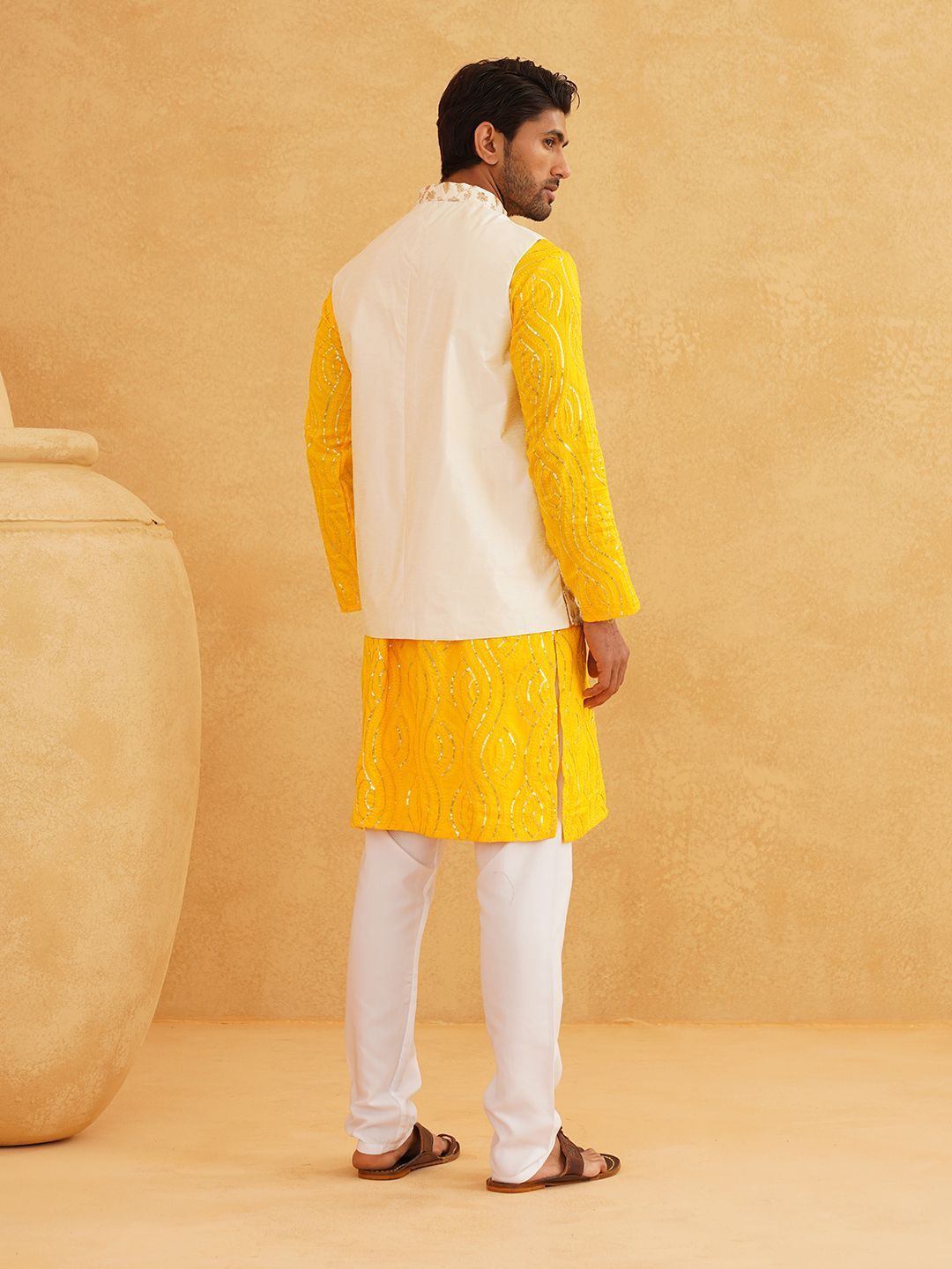 SOJANYA Leheriya Sequinned Band Collar Pure Cotton Kurta With Churidar And Nehru Jacket