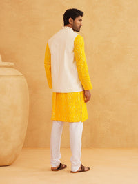 SOJANYA Leheriya Sequinned Band Collar Pure Cotton Kurta With Churidar And Nehru Jacket