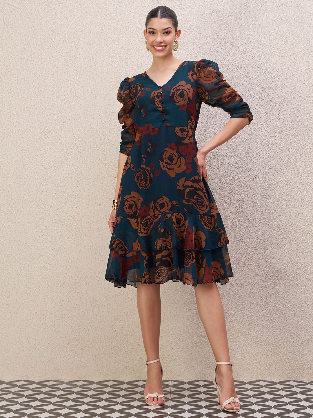 Antheaa Women Ethnic Motifs Print Puff Sleeve Gathered or Pleated A-Line Knee Length Dress