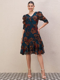 Antheaa Women Ethnic Motifs Print Puff Sleeve Gathered or Pleated A-Line Knee Length Dress