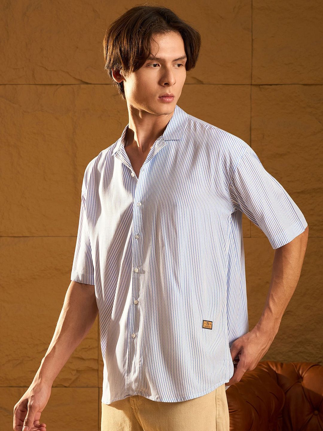 DENNISON Men Relaxed Cuban Collar Vertical Striped Oversized Casual Shirt