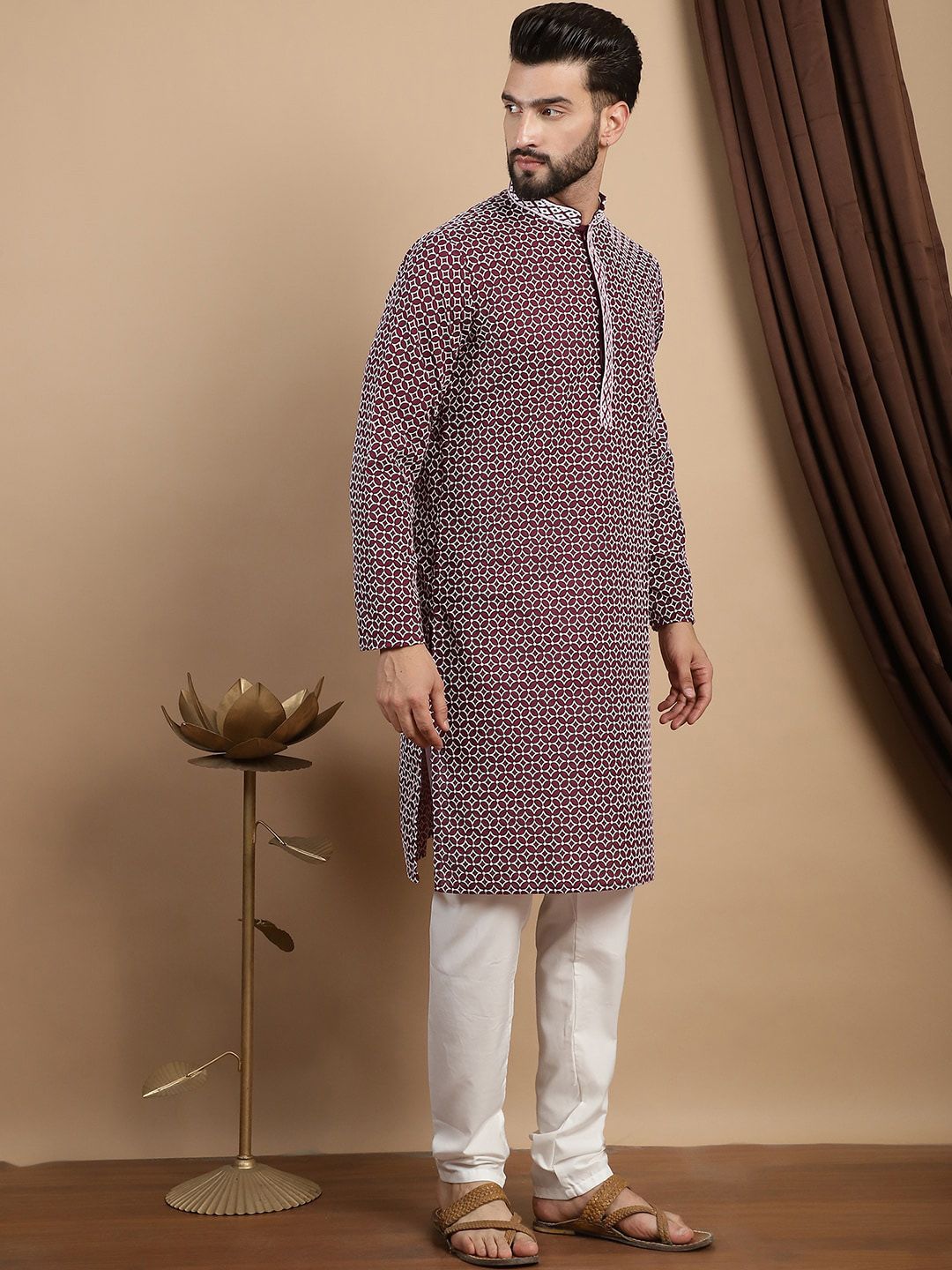Anouk Embroidered Thread Work Cotton Mandarin Collar Straight Kurta with Churidar