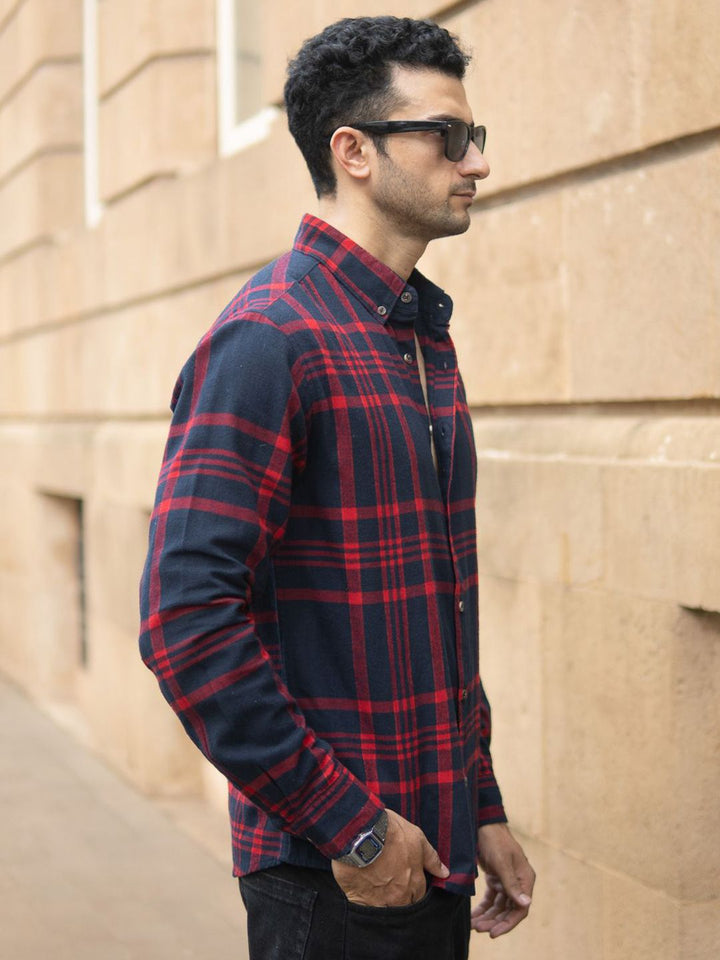 Powerlook Men Tartan Checked Spread Collar Cotton Casual Shirt