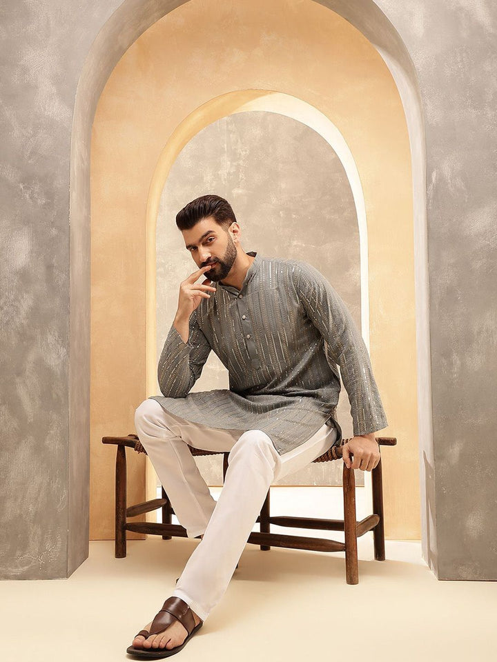 Anouk Grey Geometric Sequence Band Collar Straight Kurta