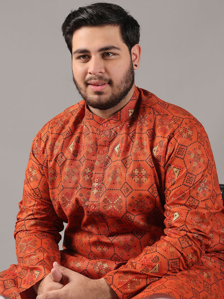 SOJANYA PLUS Size Ethnic Motifs Foil Printed Band Collar Cotton Linen Straight Kurta