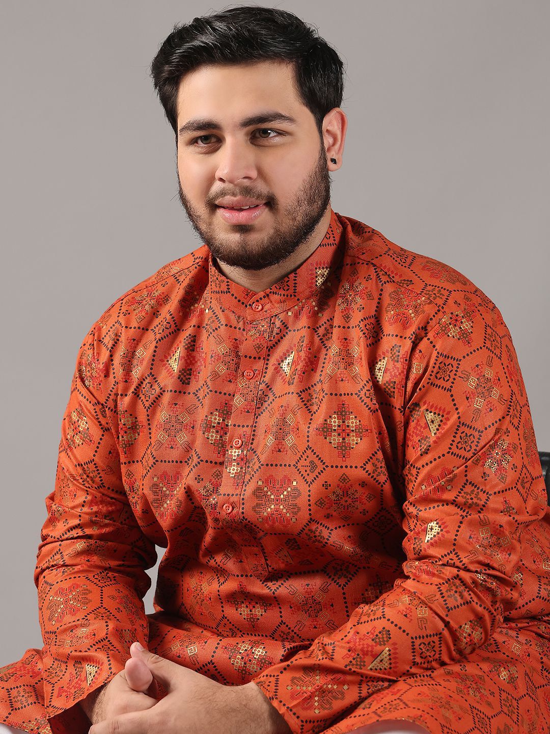 SOJANYA PLUS Size Ethnic Motifs Foil Printed Band Collar Cotton Linen Straight Kurta