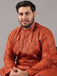 SOJANYA PLUS Size Ethnic Motifs Foil Printed Band Collar Cotton Linen Straight Kurta
