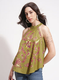 Vishudh Women Floral Print Halter Neck A-Line Cotton Top