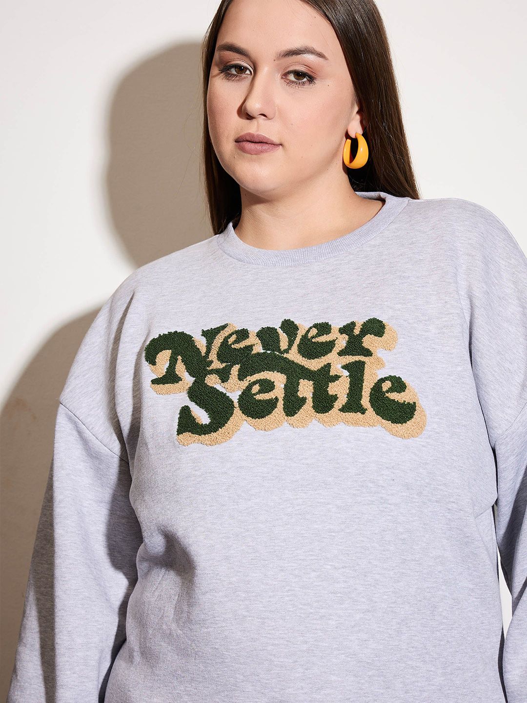 SASSAFRAS Curve Women Plus Size Typography Embroidered Sweatshirt