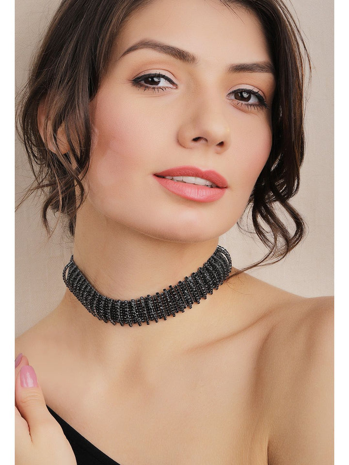 Rubans rhodium bersalut hitam beroksida beroketkan kalung choker