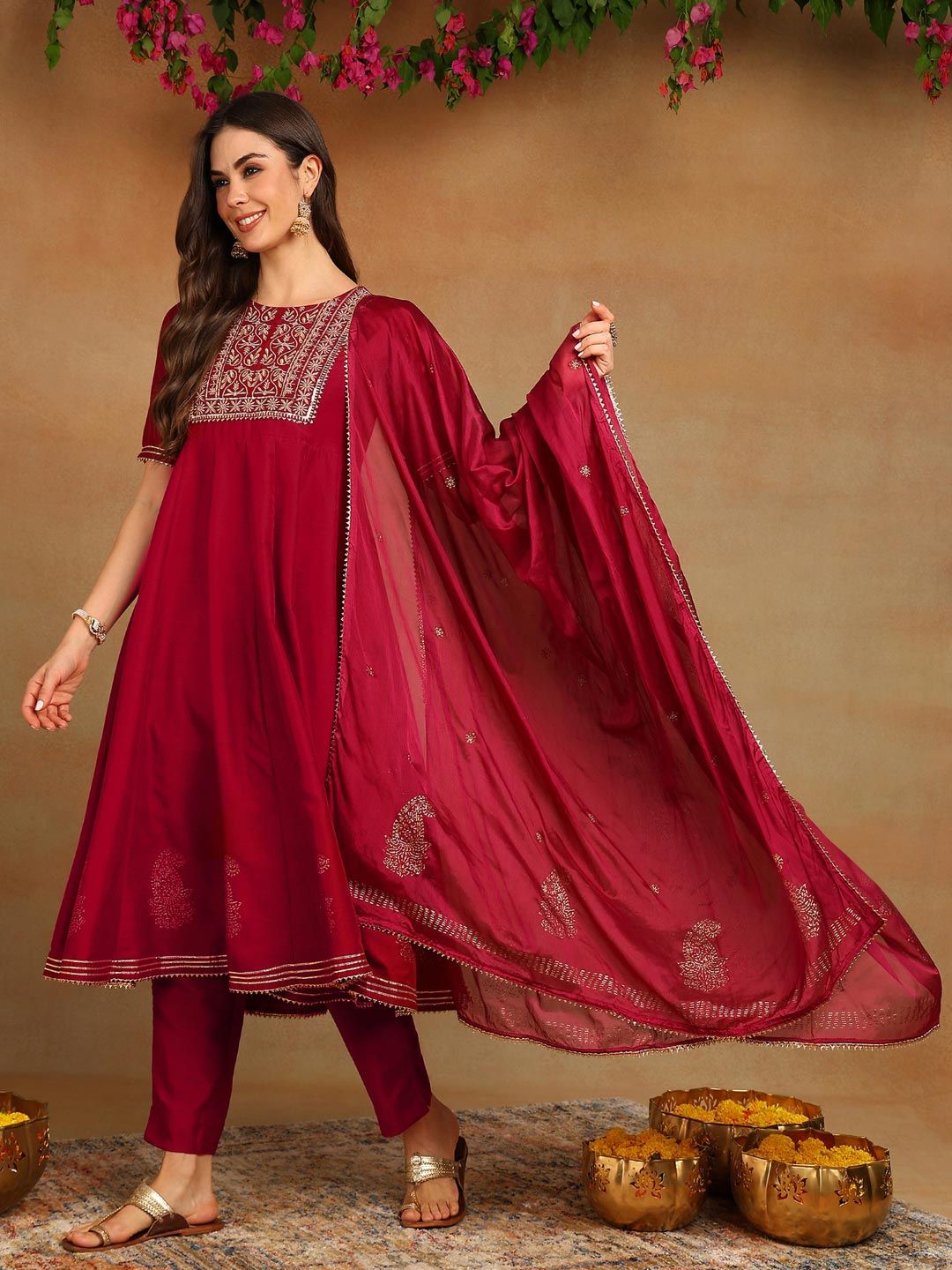KALINI Ethnic Motifs Yoke Design Thread Work Anarkali Kurta With Trouser & Dupatta