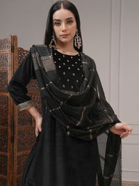 Vishudh Women Embroidered Velvet Straight Kurta With Slim Palazzo & Dupatta