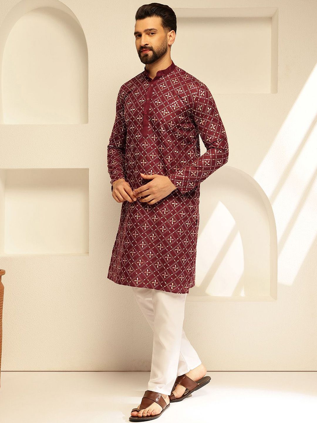 SOJANYA Floral Embroidered Mandarin Collar Thread Work Cotton Silk Straight Kurta