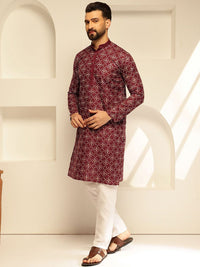 SOJANYA Floral Embroidered Mandarin Collar Thread Work Cotton Silk Straight Kurta