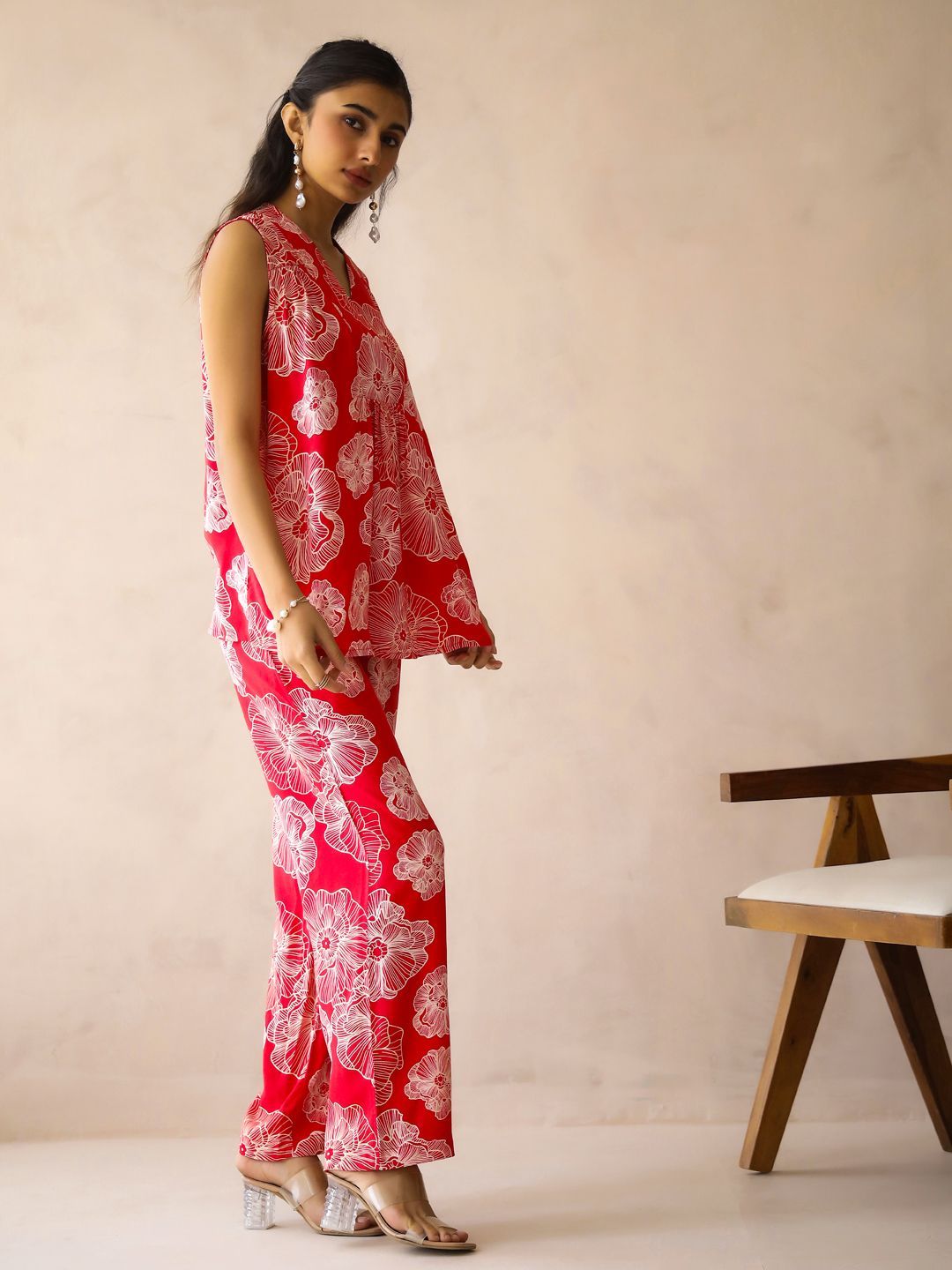 SANSKRUTIHOMES Printed V Neck Tunic With Trousers Co-Ords Set