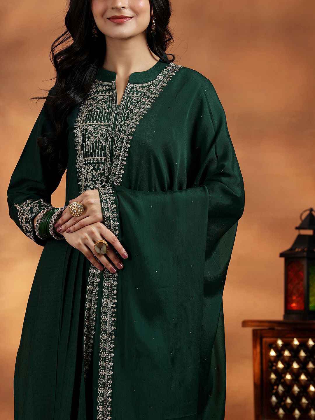 Libas Floral Yoke Design Pleated Sequinned Dobby A-Line Kurta With Palazzo & Dupatta