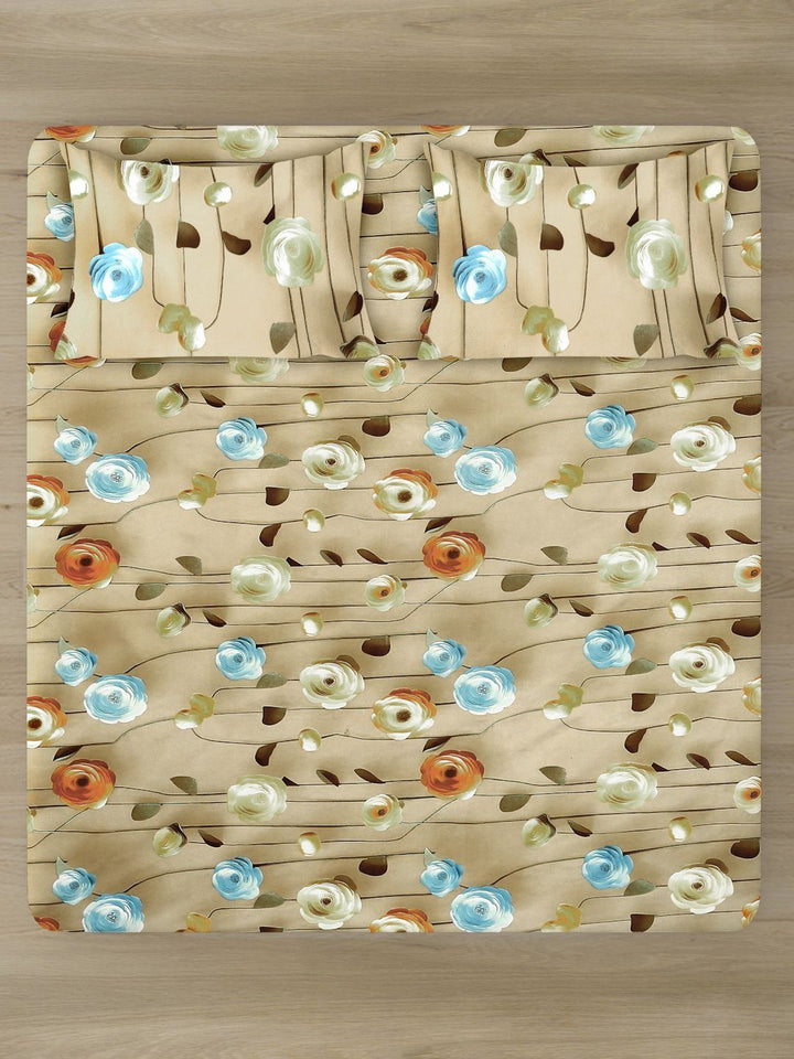 Myntra Elegant Homes Beige & Blue Floral 300 TC Cadar Katil King dengan 2 Sarung Bantal