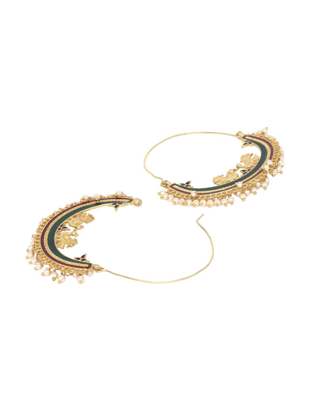 Anouk Green Gold-Plated Stone Studded & Beaded  Crescent Shaped Hoop Earrings