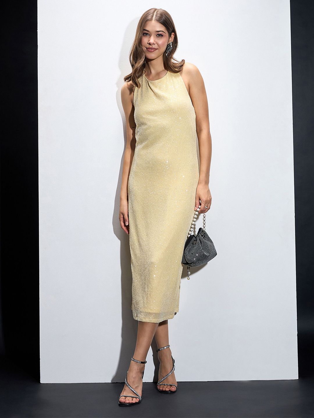 SASSAFRAS Women Embellished Sequined Halter Neck Sheath Dress