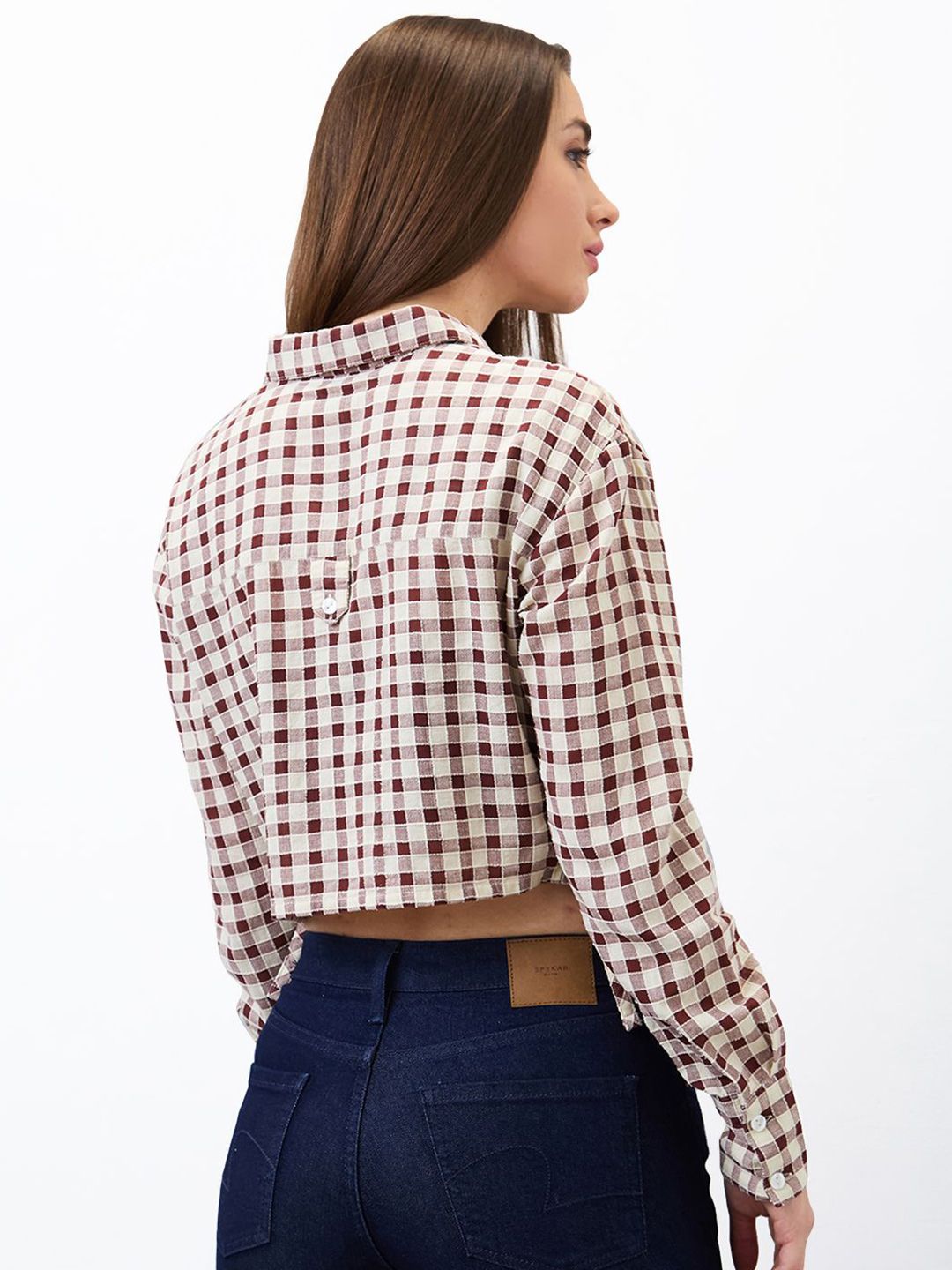 SPYKAR Women Regular Fit Spread Collar Gingham Checked Cotton Crop Shirt