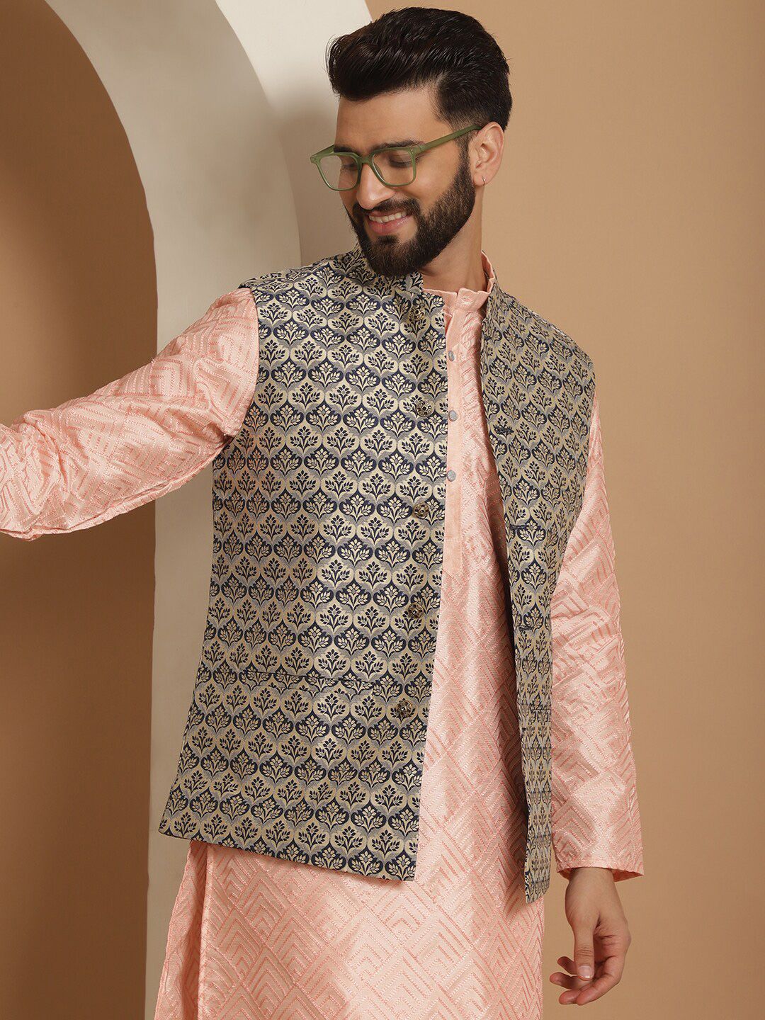 Anouk Pink Ethnic Motifs Woven Design Straight Kurta With Churidar & Nehru Jacket