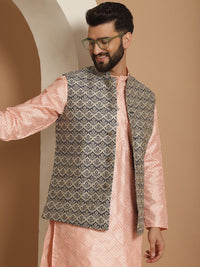 Anouk Pink Ethnic Motifs Woven Design Straight Kurta With Churidar & Nehru Jacket