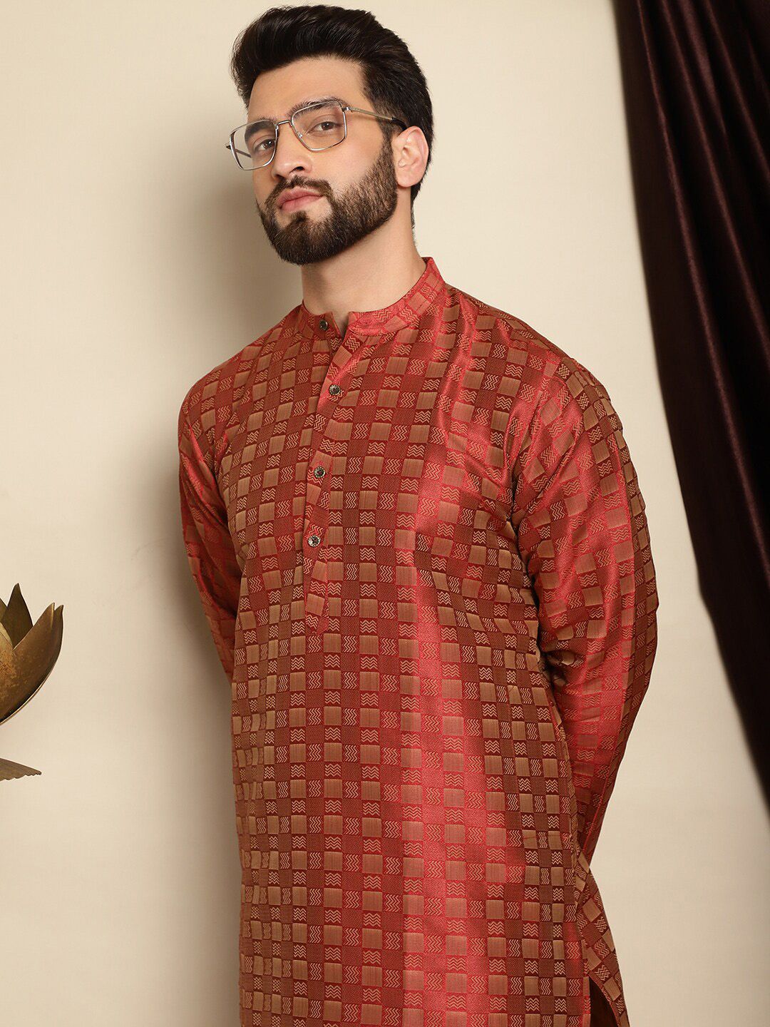 Anouk Geometric Self Design Mandarin Collar Straight Kurta With Churidar