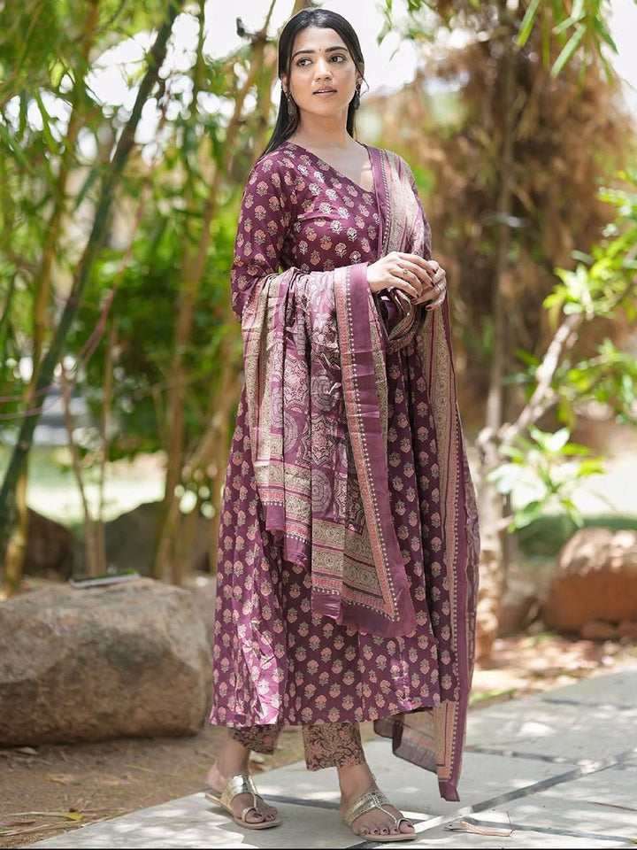 KALINI Floral Printed V-Neck Anarkali Kurta with Trousers & Dupatta