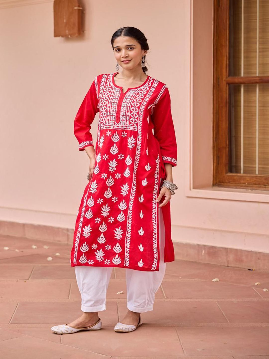 House of Chikankari Women Red Cotton Chikankari Embroidered Kurta