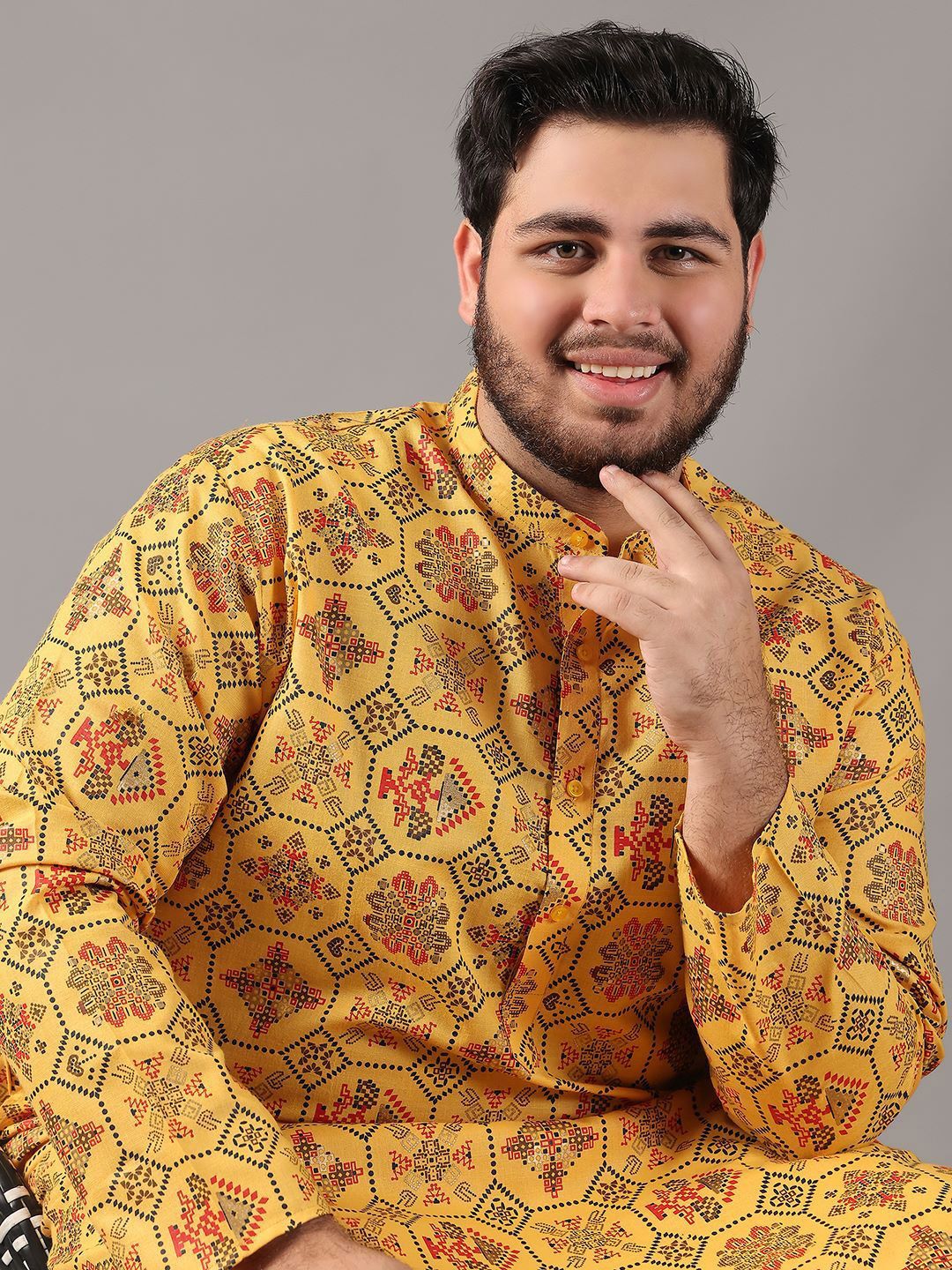 SOJANYA PLUS Size Ethnic Motifs Printed Band Collar Cotton Linen Straight Kurta