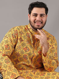SOJANYA PLUS Size Ethnic Motifs Printed Band Collar Cotton Linen Straight Kurta