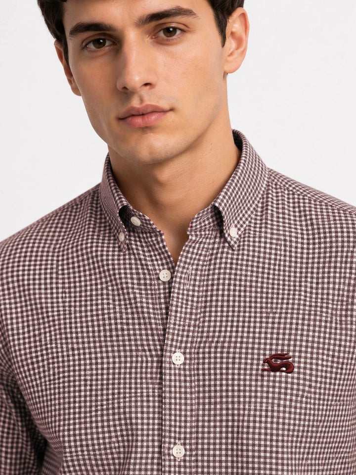 ADRO Men Brown & White Mini Checked Regular Fit Casual Cotton Shirt