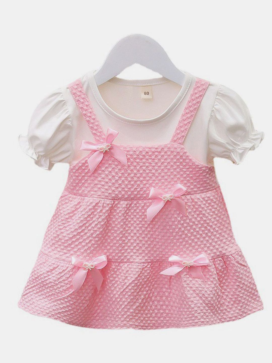 YK Girls Self Design Bow Detail Cotton Fit and Flare Dress