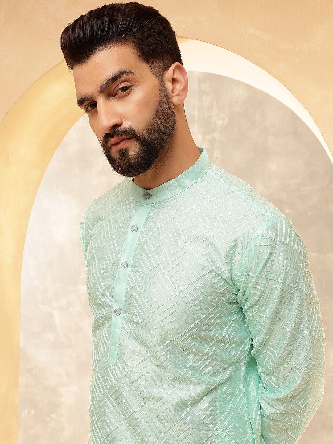 Anouk Sea Green Geometric Embroidered Mandarin Collar Straight Kurta With Pyjamas