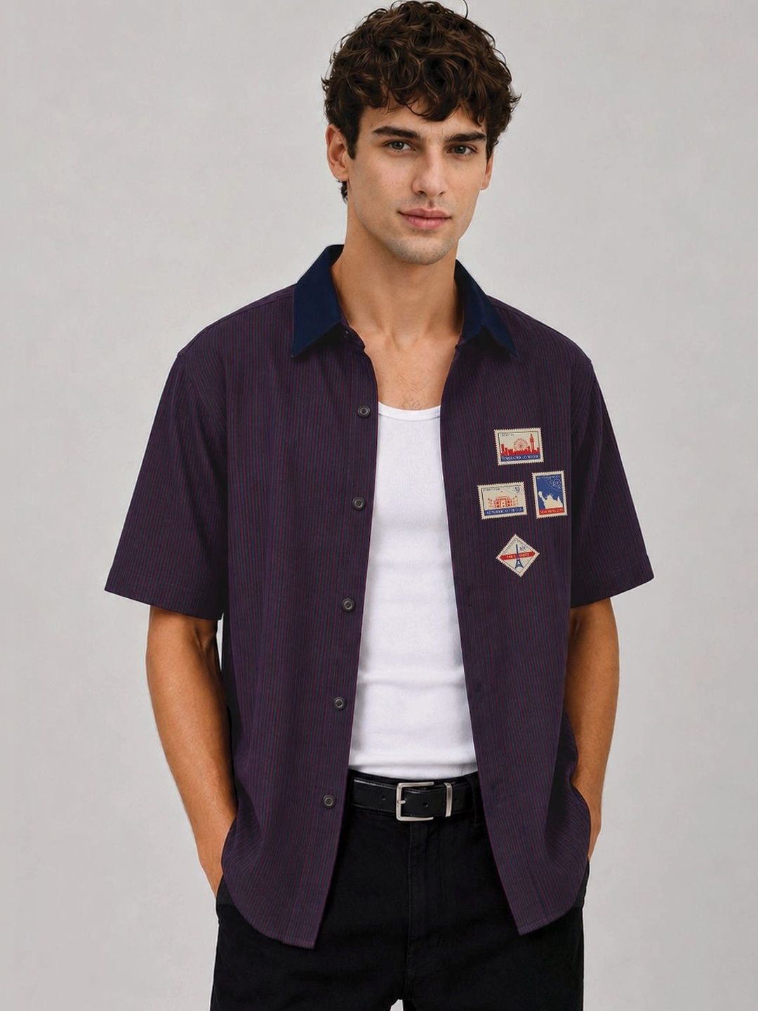 ADRO Cuban Collar Short Sleeves Relaxed Striped Cotton Shirt