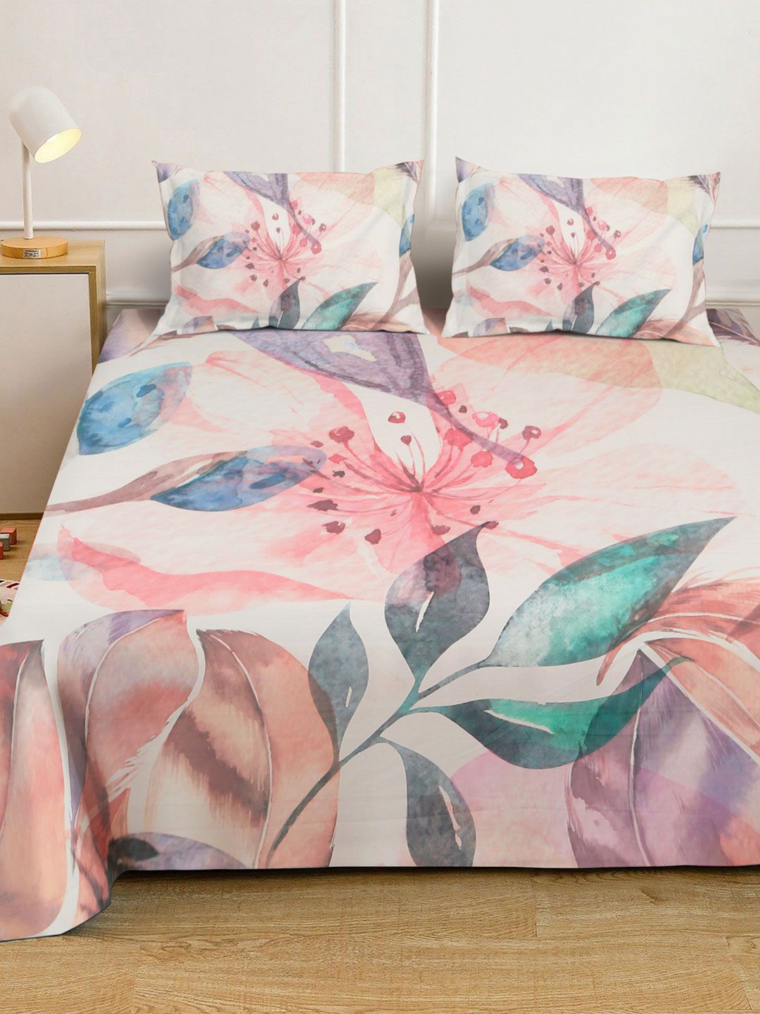 White & Pink Floral Printed Fitted 7D 400 TC Double King Bedsheet With 2 Pillow Cover