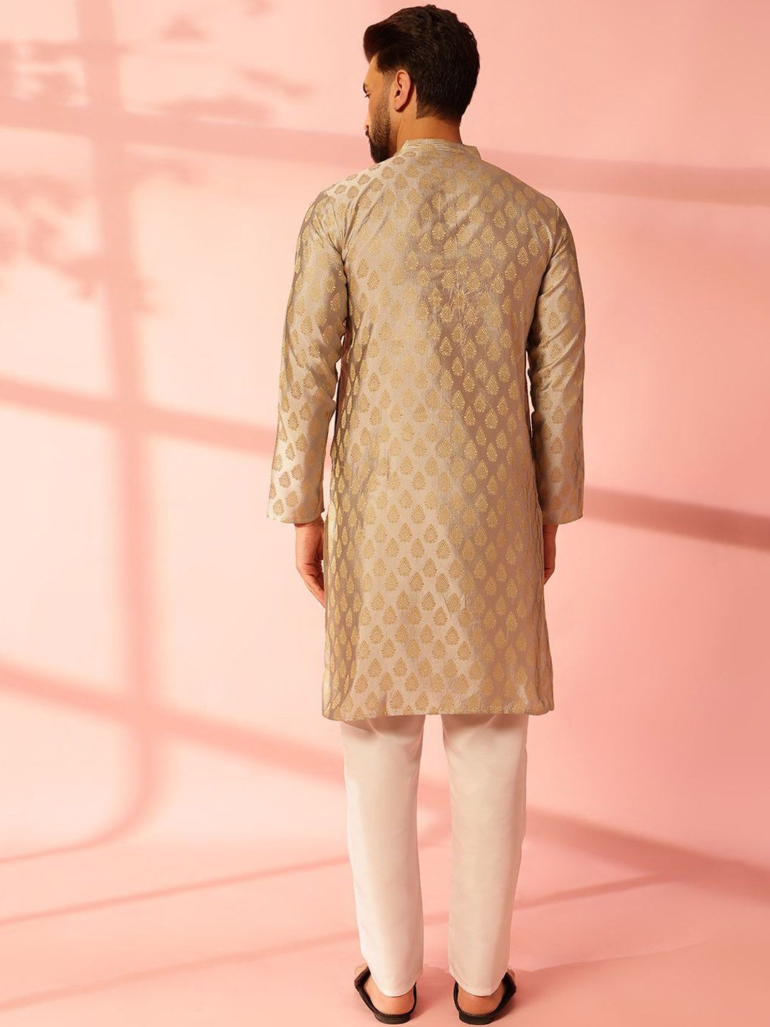 Anouk Ethnic Motifs Woven Design Band Collar Cotton Silk Straight Kurta