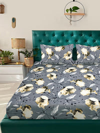 KLOTTHE Grey Floral 300 TC King Bedsheet with 2 Pillow Covers