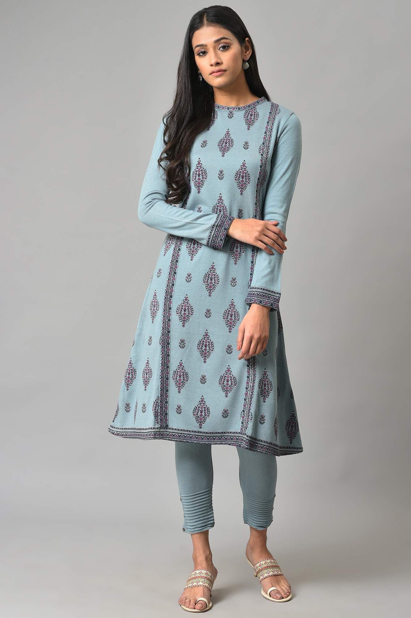 W Floral Printed Round Neck Acrylic A-Line Kurta