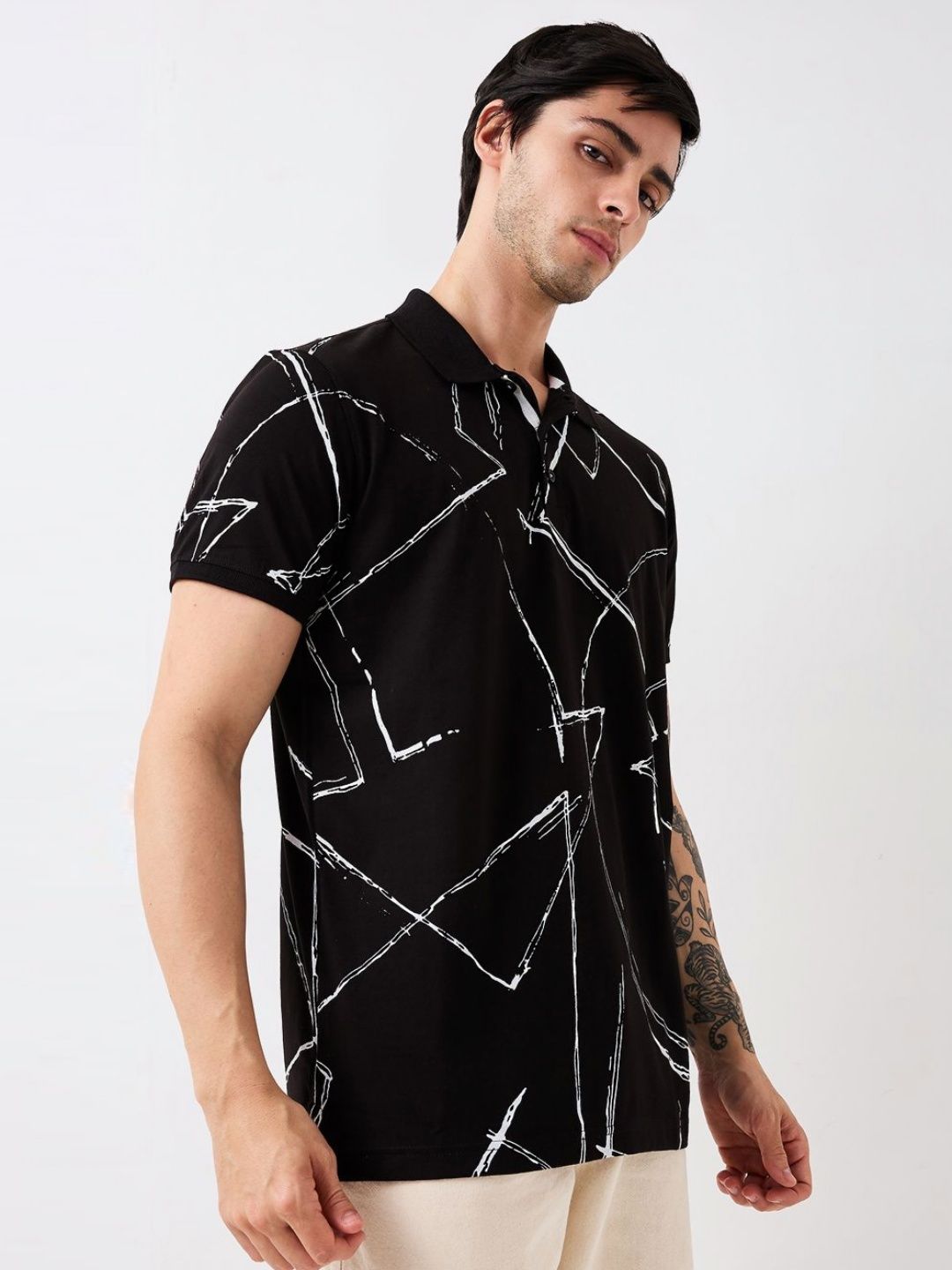 SPYKAR Men Abstract Printed Polo Collar Cotton Slim Fit T-shirt