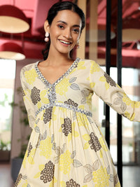 Libas Floral Printed Empire Mirror Work Pure Cotton A Line Kurta with Trousers