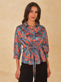 AND Women Abstract Printed Shirt Collar Cotton Top