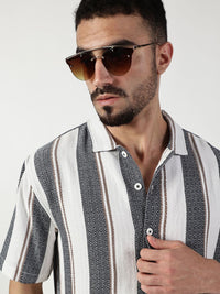 Thomas Scott Men Premium Spread Collar Vertical Striped Cotton Slim Fit Casual Shirt