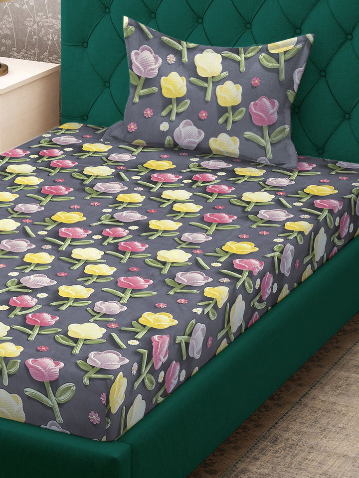 Klotthe Floral Printed Dipasang Cadar 7D Single 300 TC Dengan Sarung Bantal-2.25 m x 1.5 m