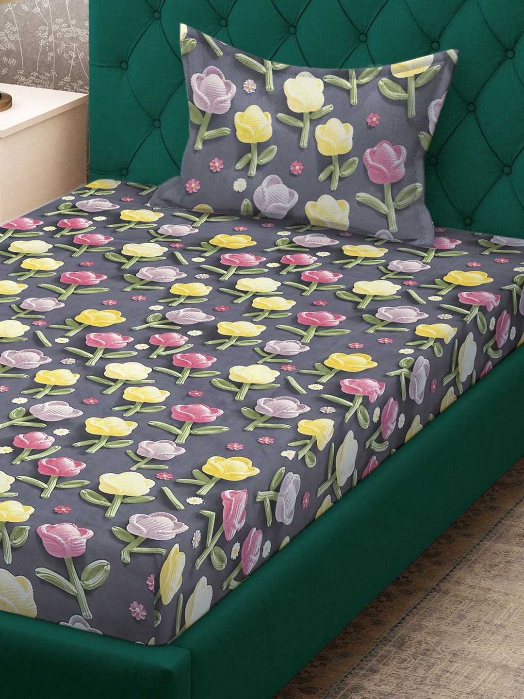 Klotthe Floral Printed Dipasang Cadar 7D Single 300 TC Dengan Sarung Bantal-2.25 m x 1.5 m