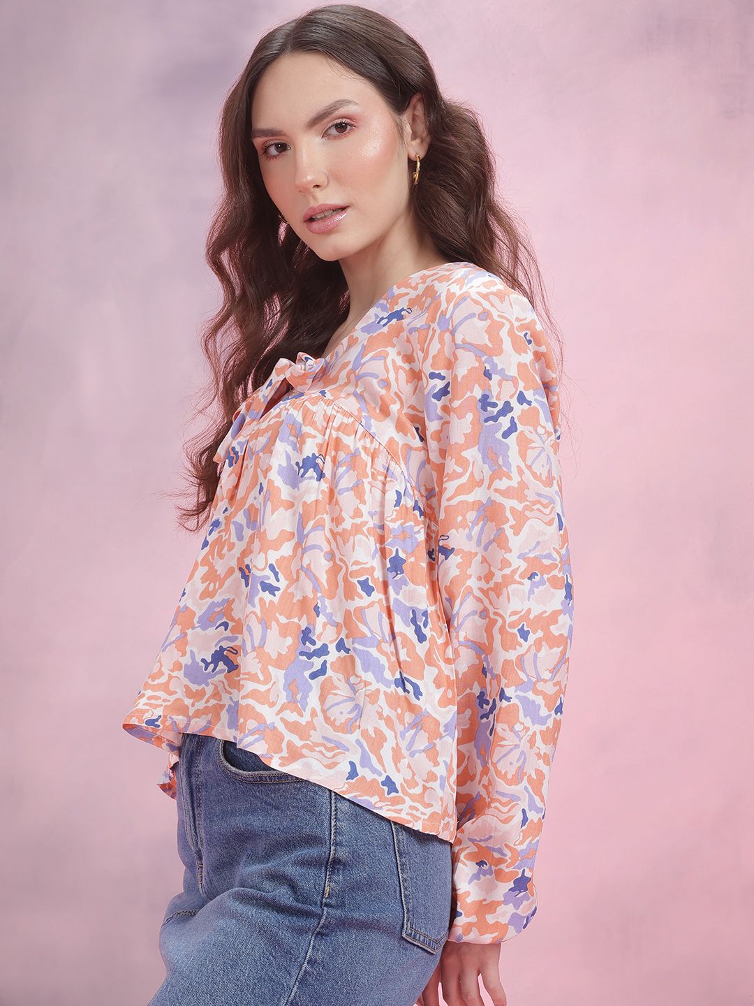 DressBerry Printed Tie-Up Neck Puff Sleeve Top