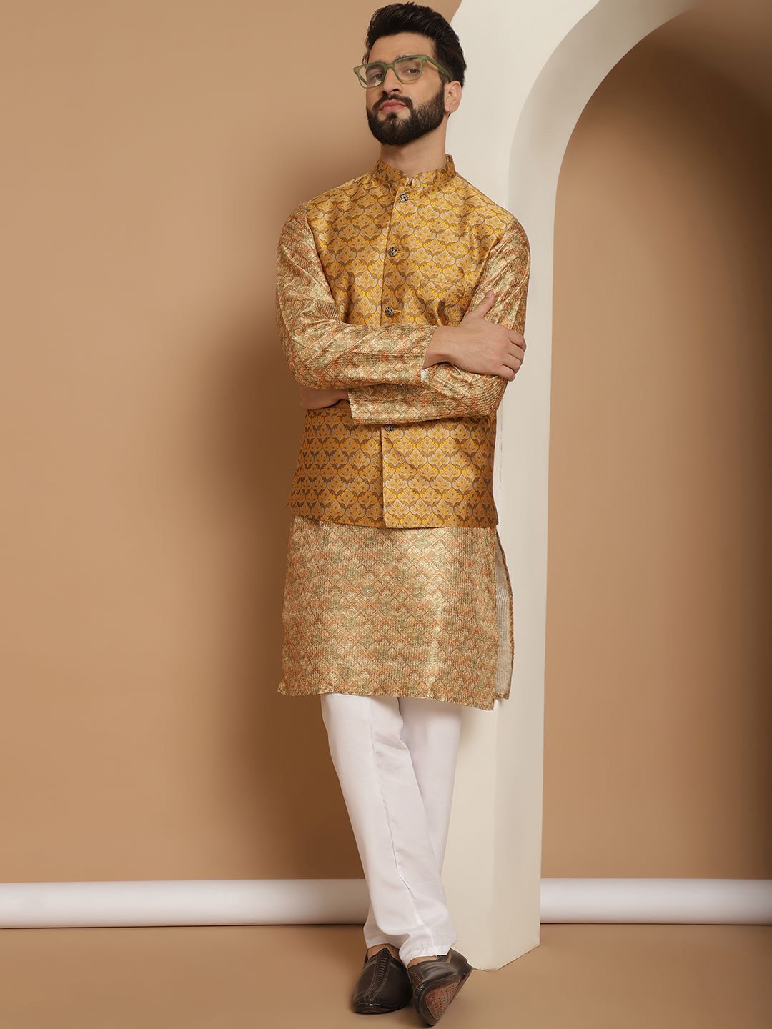Anouk Regular Printed Thread Work Straight Kurta Churidar with Nehru jacket