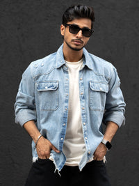 Powerlook Men Spread Collar Faded Cotton Casual Shirt