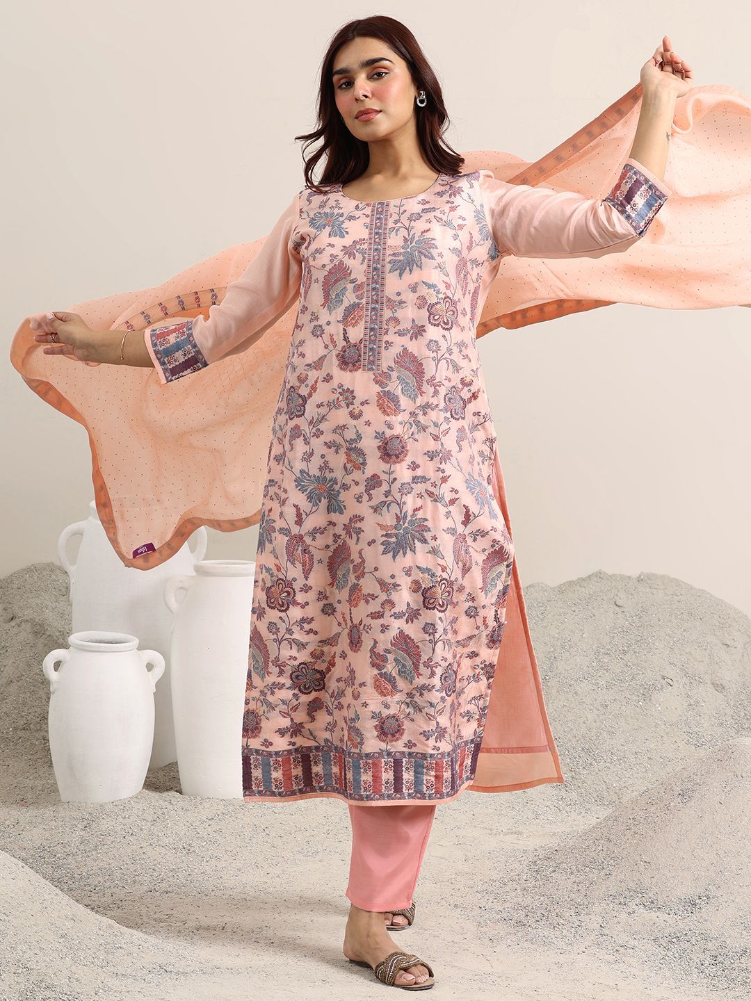 Libas Floral Woven Design Round Neck Regular Straight Kurta With Trousers & Dupatta