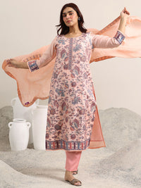 Libas Floral Woven Design Round Neck Regular Straight Kurta With Trousers & Dupatta